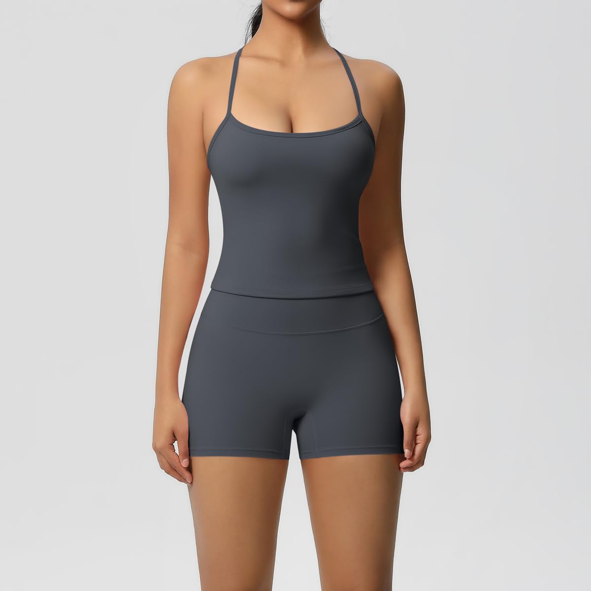 Women 2 Piece Workout Set Spaghetti Strap Tank Top High Waisted Biker Shorts Tummy Control Activewear