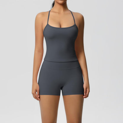 Women 2 Piece Workout Set Spaghetti Strap Tank Top High Waisted Biker Shorts Tummy Control Activewear