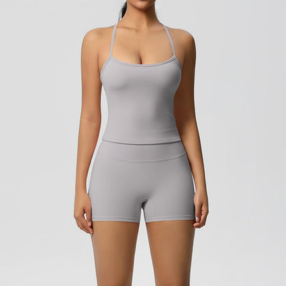 Women 2 Piece Workout Set Spaghetti Strap Tank Top High Waisted Biker Shorts Tummy Control Activewear
