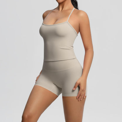 Women 2 Piece Workout Set Spaghetti Strap Tank Top High Waisted Biker Shorts Tummy Control Activewear