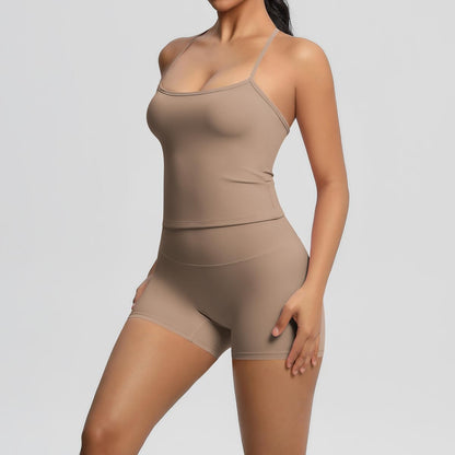 Women 2 Piece Workout Set Spaghetti Strap Tank Top High Waisted Biker Shorts Tummy Control Activewear