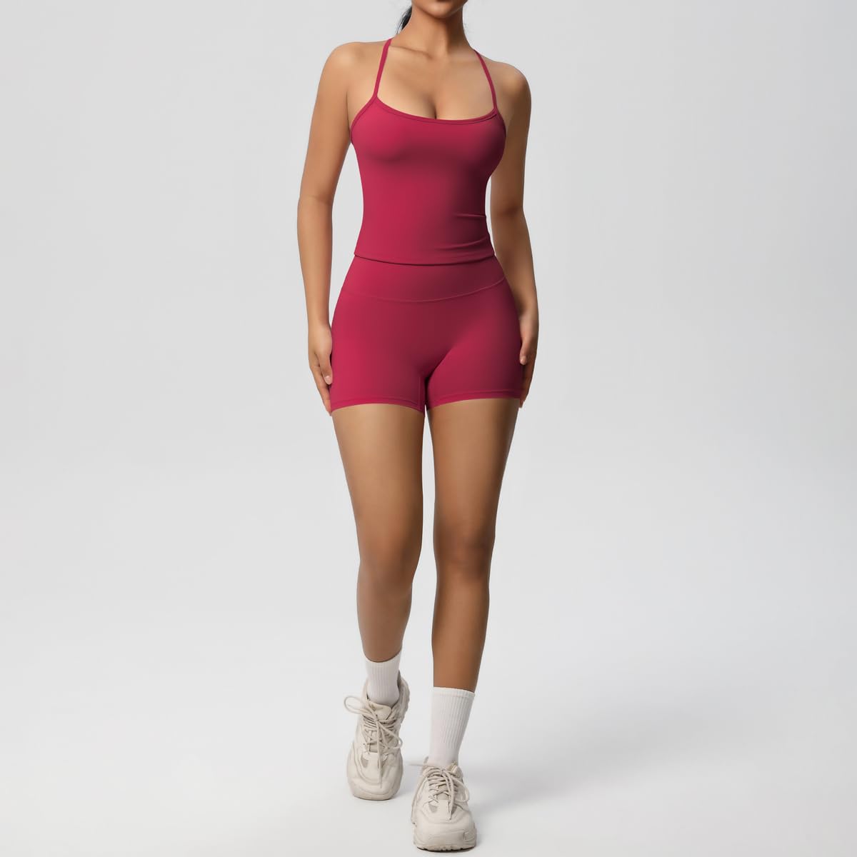 Women 2 Piece Workout Set Spaghetti Strap Tank Top High Waisted Biker Shorts Tummy Control Activewear