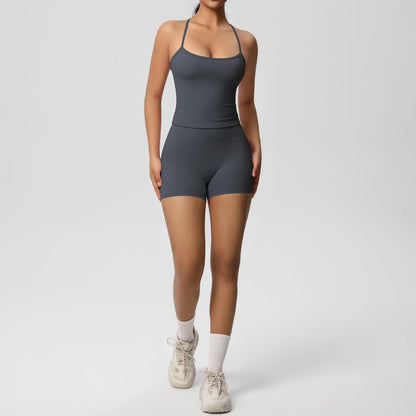 Women 2 Piece Workout Set Spaghetti Strap Tank Top High Waisted Biker Shorts Tummy Control Activewear