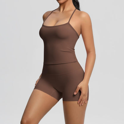 Women 2 Piece Workout Set Spaghetti Strap Tank Top High Waisted Biker Shorts Tummy Control Activewear