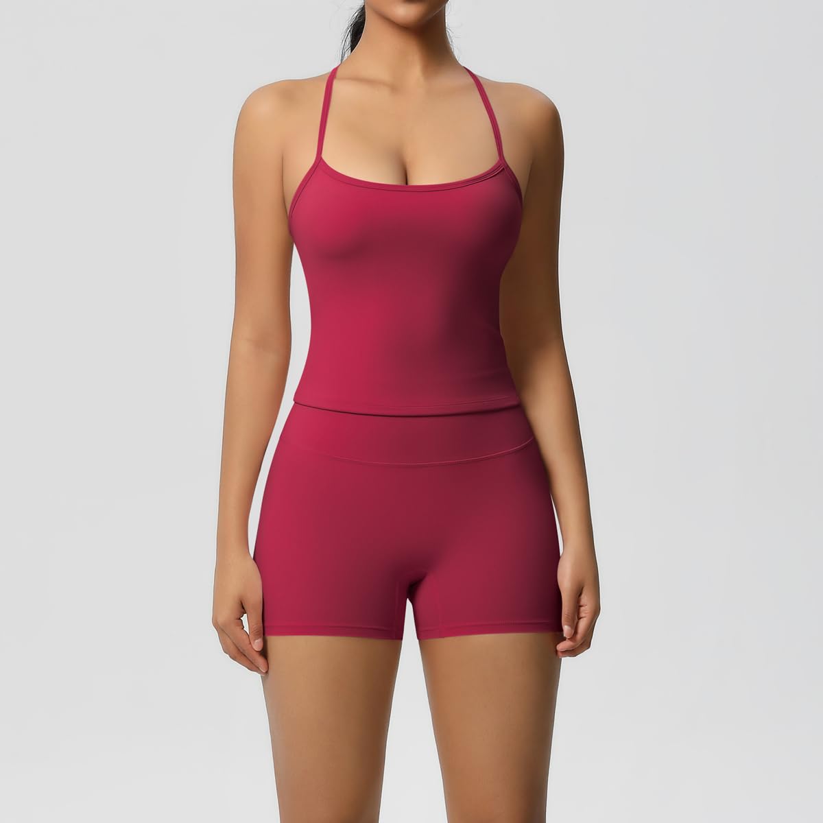 Women 2 Piece Workout Set Spaghetti Strap Tank Top High Waisted Biker Shorts Tummy Control Activewear