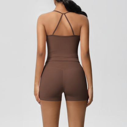 Women 2 Piece Workout Set Spaghetti Strap Tank Top High Waisted Biker Shorts Tummy Control Activewear