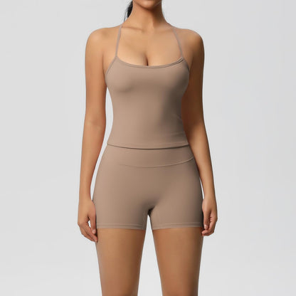 Women 2 Piece Workout Set Spaghetti Strap Tank Top High Waisted Biker Shorts Tummy Control Activewear
