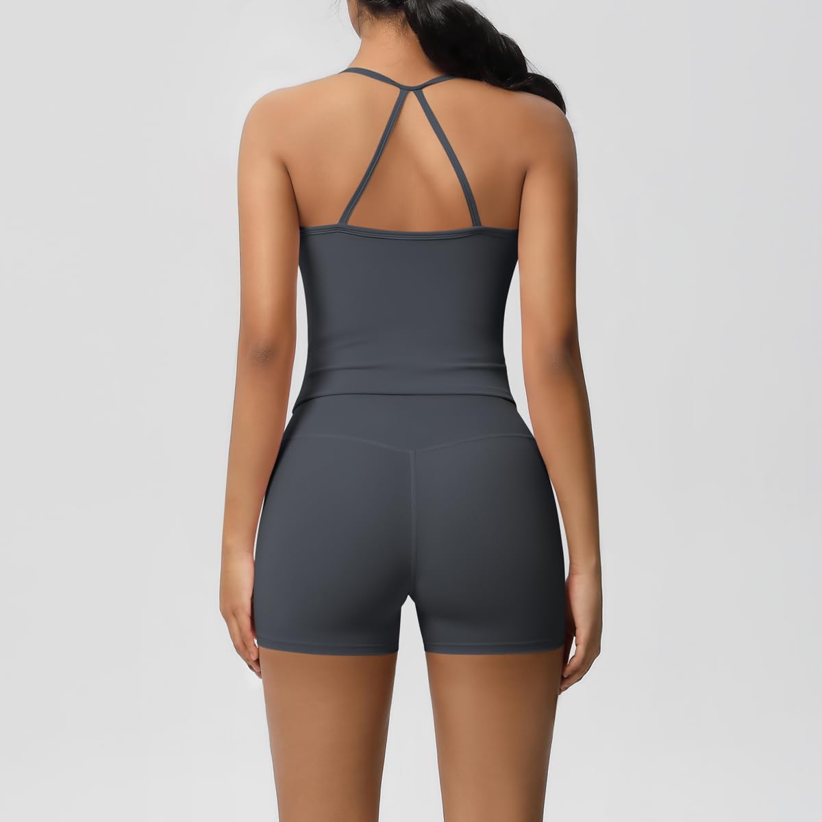 Women 2 Piece Workout Set Spaghetti Strap Tank Top High Waisted Biker Shorts Tummy Control Activewear