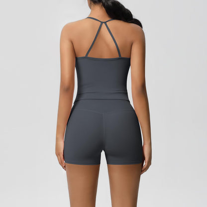 Women 2 Piece Workout Set Spaghetti Strap Tank Top High Waisted Biker Shorts Tummy Control Activewear