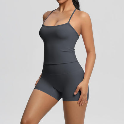 Women 2 Piece Workout Set Spaghetti Strap Tank Top High Waisted Biker Shorts Tummy Control Activewear