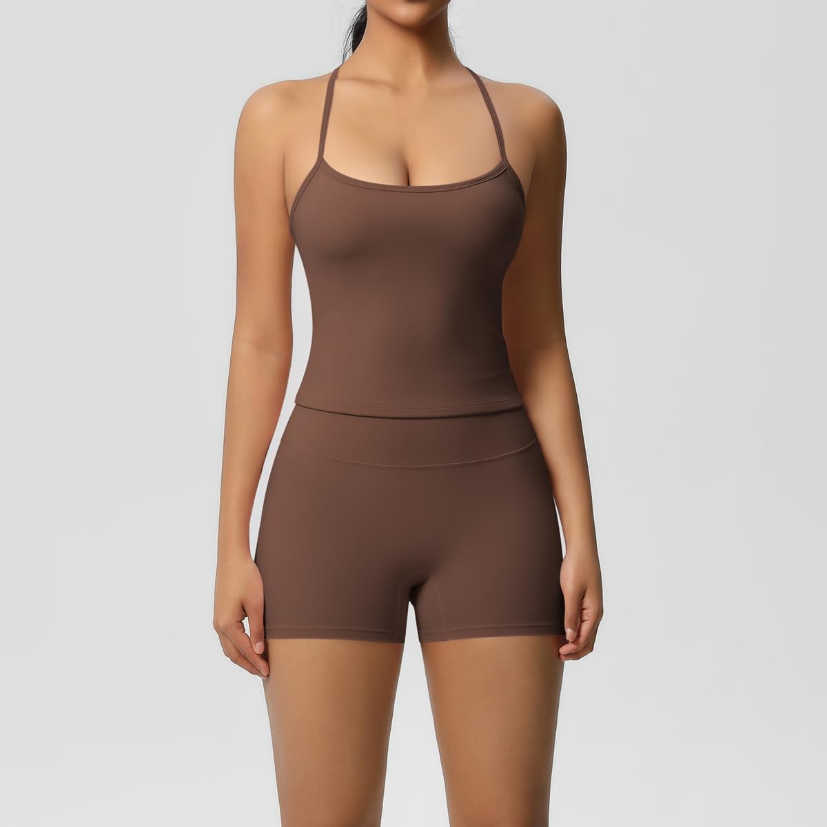 Women 2 Piece Workout Set Spaghetti Strap Tank Top High Waisted Biker Shorts Tummy Control Activewear