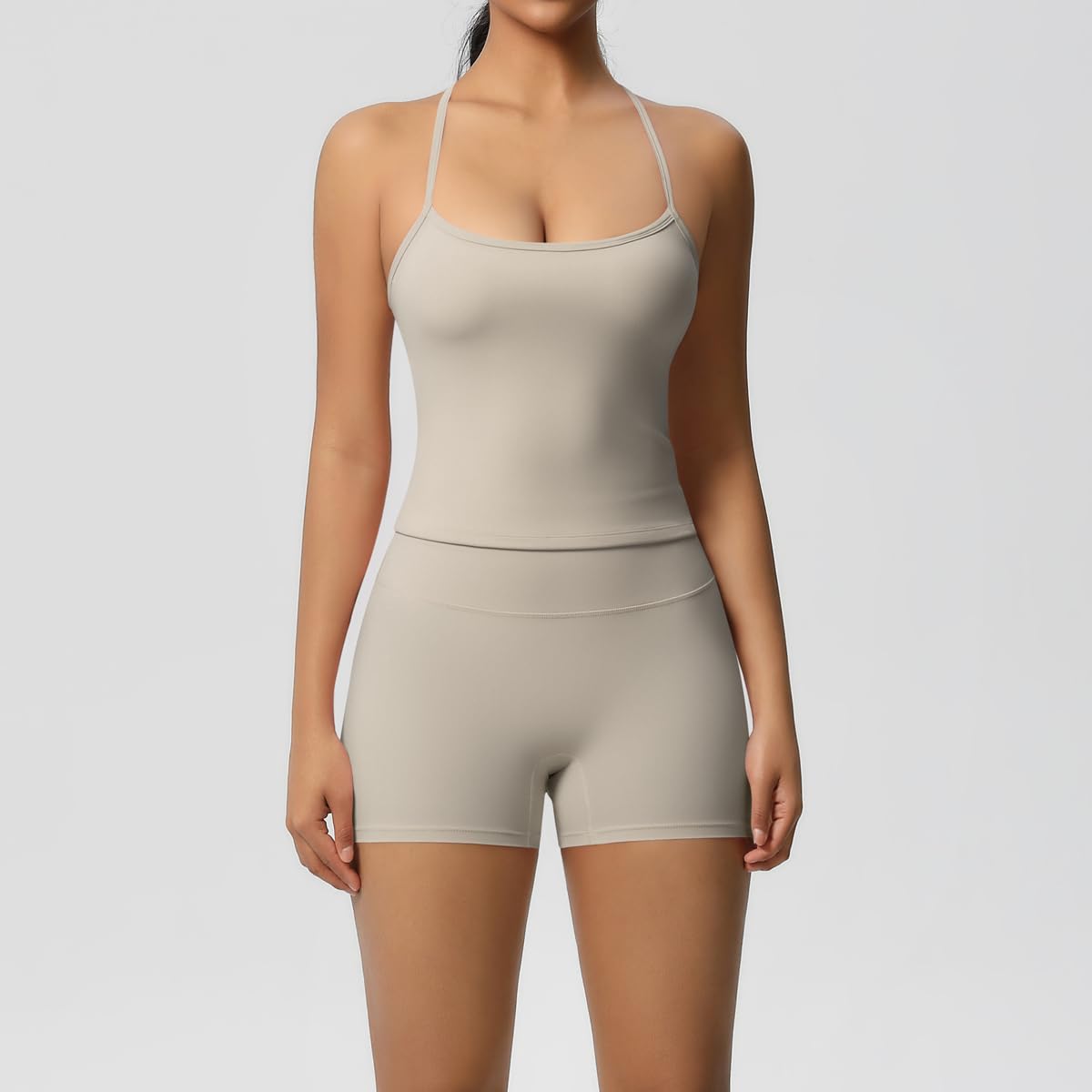 Women 2 Piece Workout Set Spaghetti Strap Tank Top High Waisted Biker Shorts Tummy Control Activewear