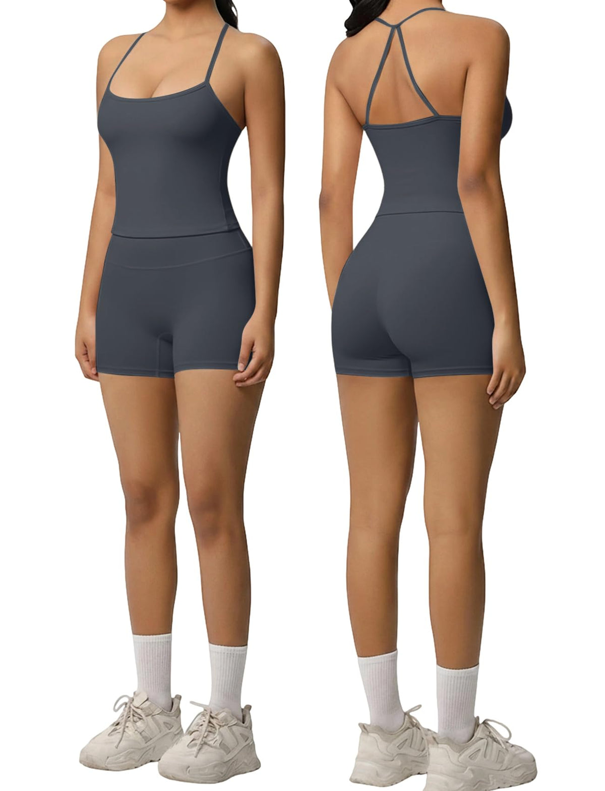 Women 2 Piece Workout Set Spaghetti Strap Tank Top High Waisted Biker Shorts Tummy Control Activewear