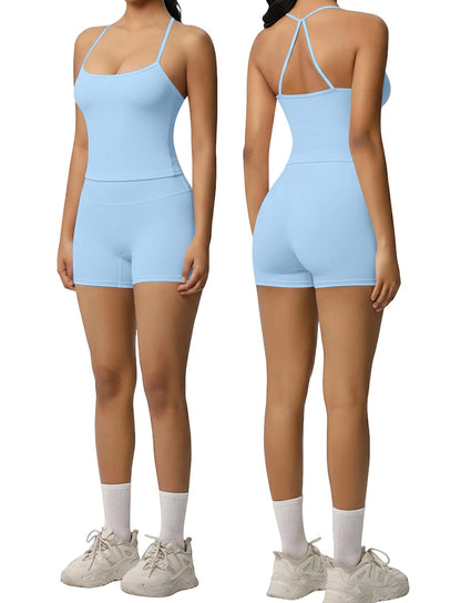 Women 2 Piece Workout Set Spaghetti Strap Tank Top High Waisted Biker Shorts Tummy Control Activewear
