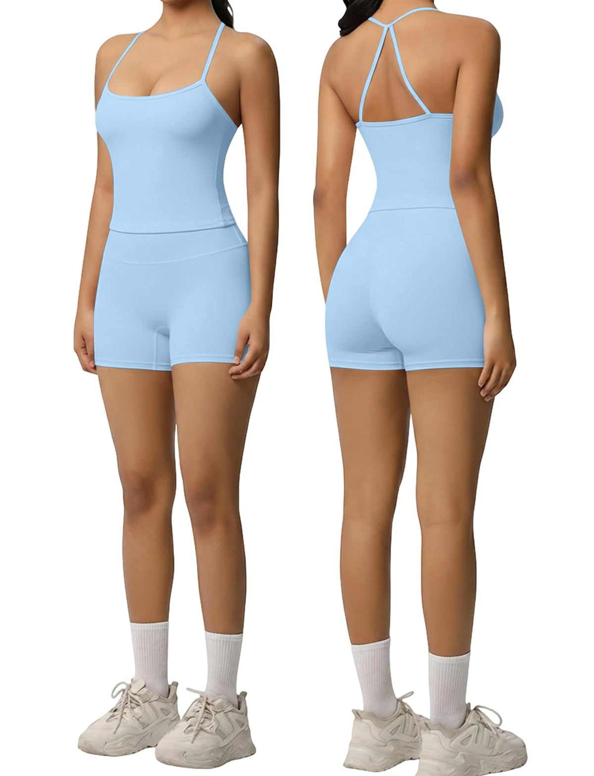 Women 2 Piece Workout Set Spaghetti Strap Tank Top High Waisted Biker Shorts Tummy Control Activewear