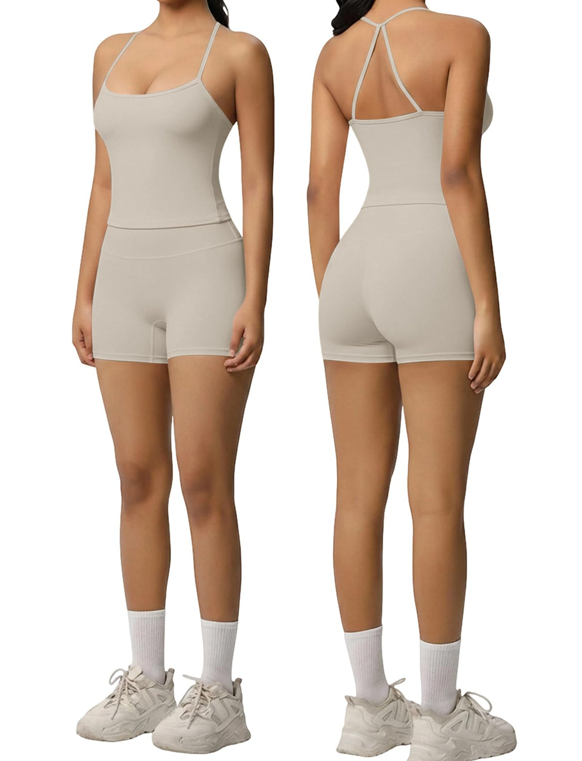 Women 2 Piece Workout Set Spaghetti Strap Tank Top High Waisted Biker Shorts Tummy Control Activewear
