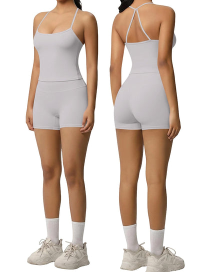 Women 2 Piece Workout Set Spaghetti Strap Tank Top High Waisted Biker Shorts Tummy Control Activewear
