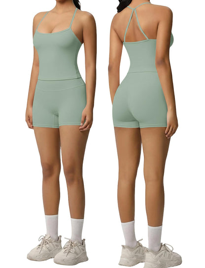 Women 2 Piece Workout Set Spaghetti Strap Tank Top High Waisted Biker Shorts Tummy Control Activewear