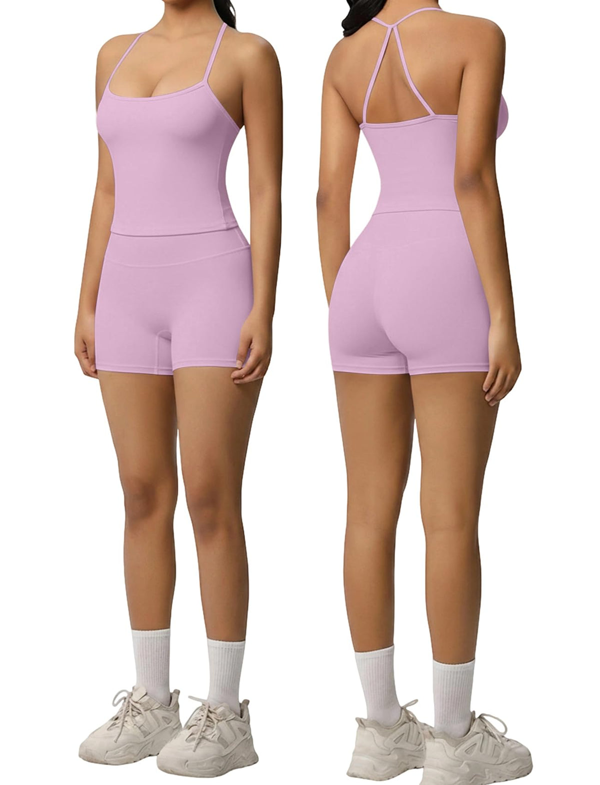 Women 2 Piece Workout Set Spaghetti Strap Tank Top High Waisted Biker Shorts Tummy Control Activewear