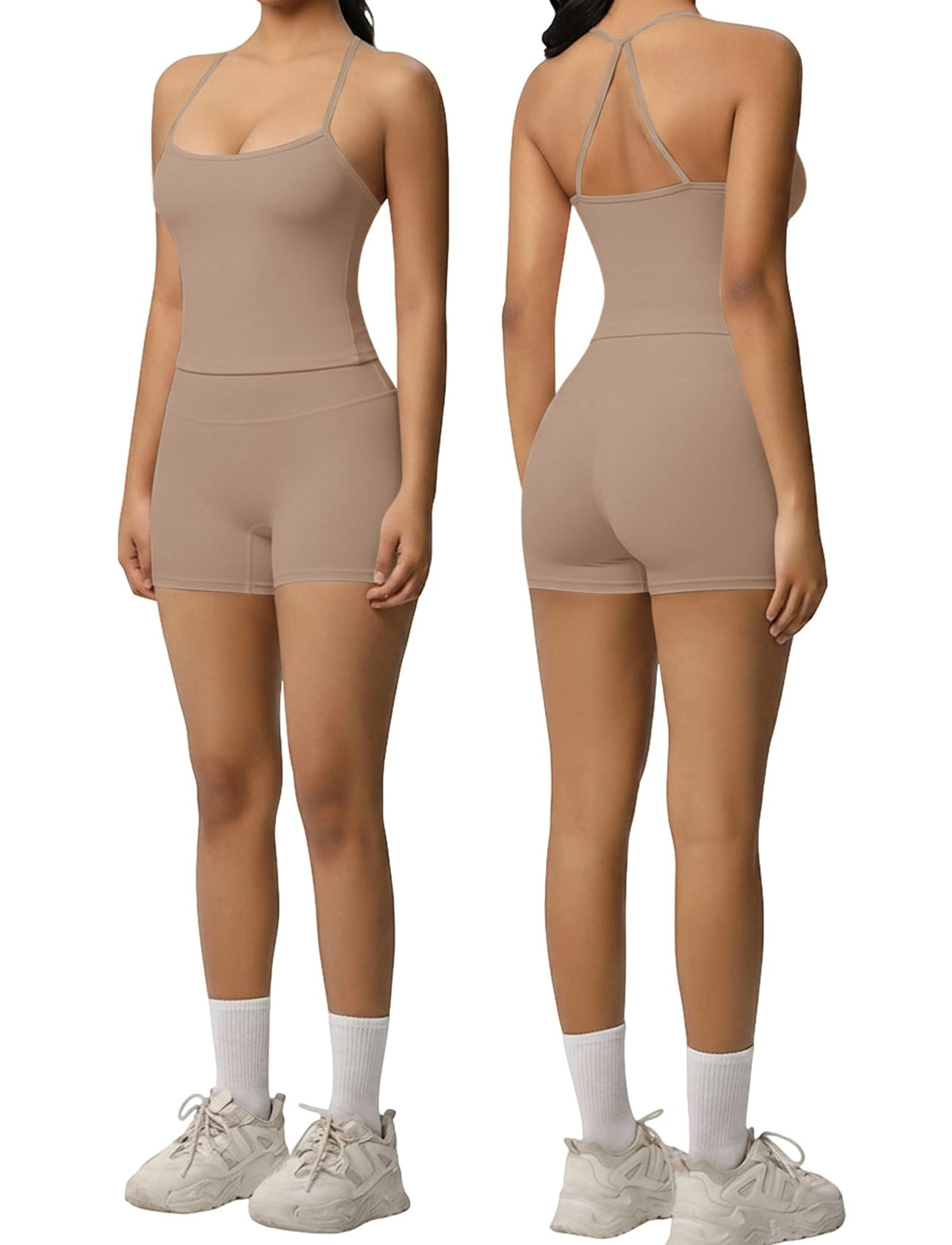 Women 2 Piece Workout Set Spaghetti Strap Tank Top High Waisted Biker Shorts Tummy Control Activewear