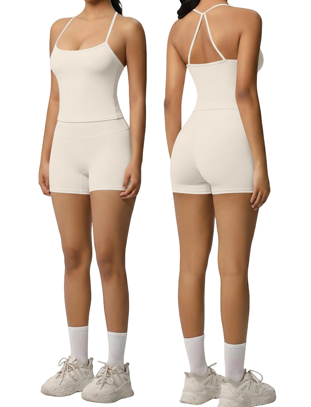 Women 2 Piece Workout Set Spaghetti Strap Tank Top High Waisted Biker Shorts Tummy Control Activewear