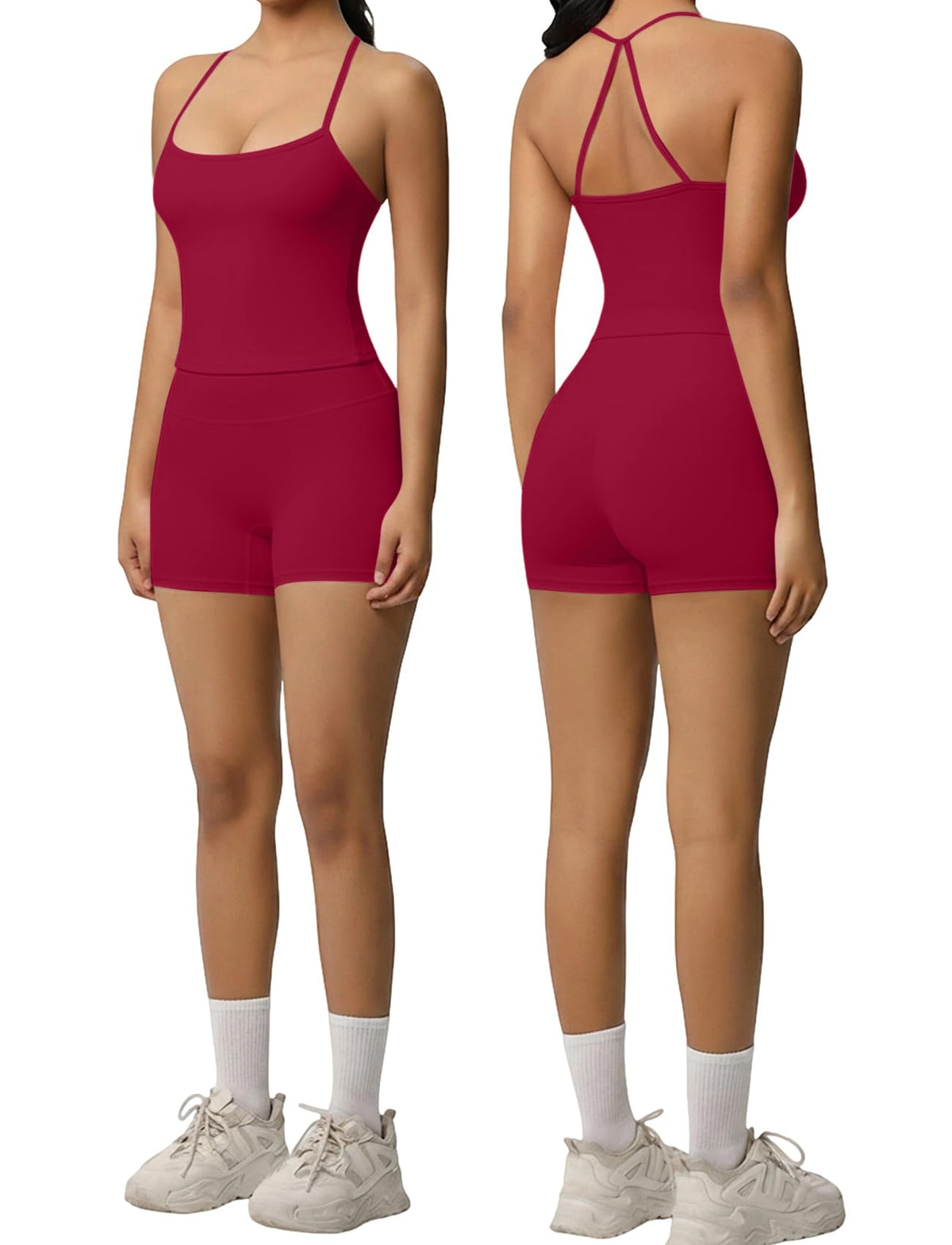 Women 2 Piece Workout Set Spaghetti Strap Tank Top High Waisted Biker Shorts Tummy Control Activewear