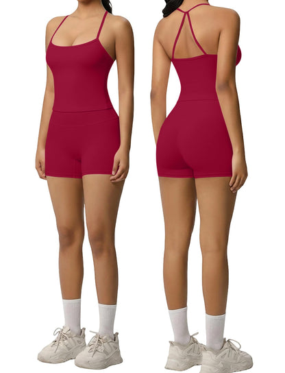 Women 2 Piece Workout Set Spaghetti Strap Tank Top High Waisted Biker Shorts Tummy Control Activewear